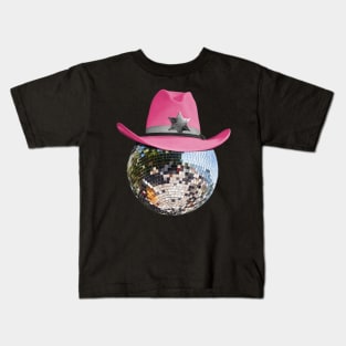 Disco Ball Wearing Pink Cowboy Hat Club Retro Kids T-Shirt